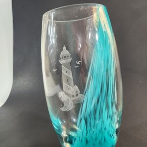 VTG Lenox Collectible Swirling Seas Lighthouse Aqua Vase 8" Made in Scotland